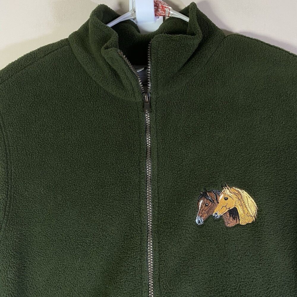 VTG Cityscape Men's XL Green Fleece Vest Full Zip 2 Horses Made Canada Foal